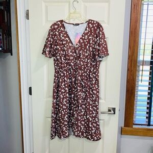 BloomChic Brown and White Flutter Sleeve Wrap Midi Dress